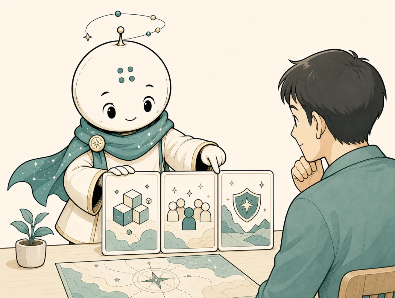 Comic panel showing Horo explaining three clear cards about offer, audience, and trust.