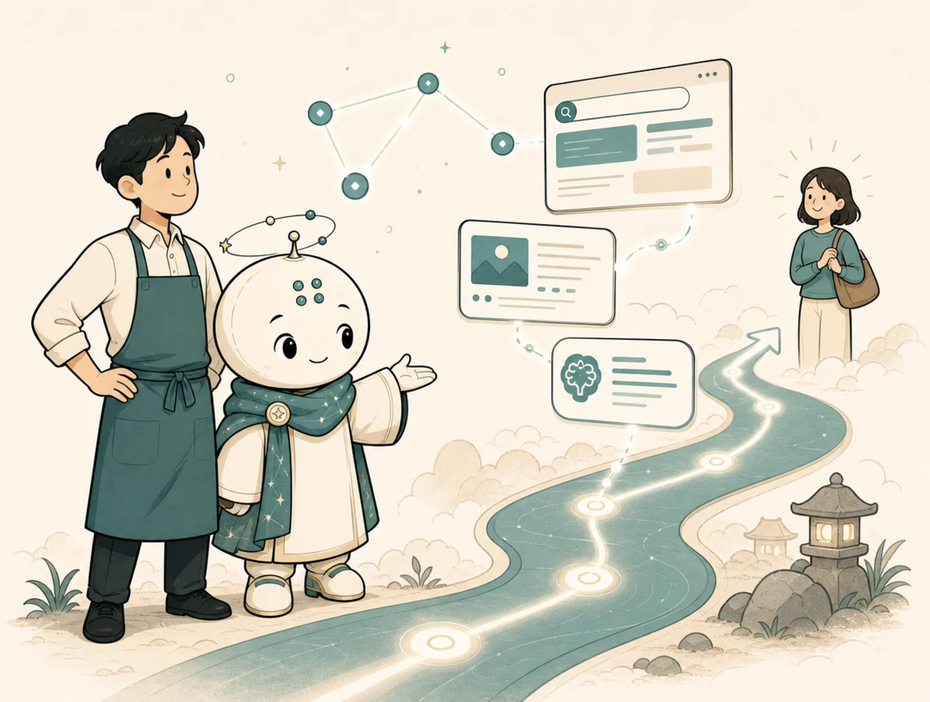 Comic panel showing Horo and a business owner beside a clear path toward customers, search, and AI answers.