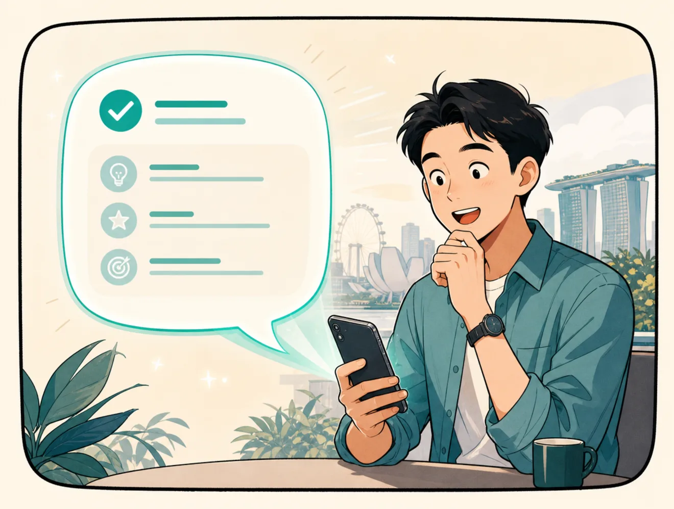 Friendly comic scene of a customer holding a phone and receiving a simple answer bubble.