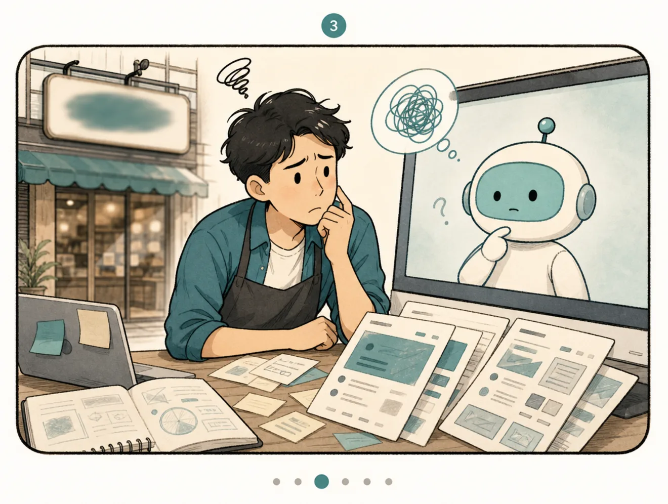Friendly comic scene of a confused business owner beside unclear website cards and a puzzled answer helper.