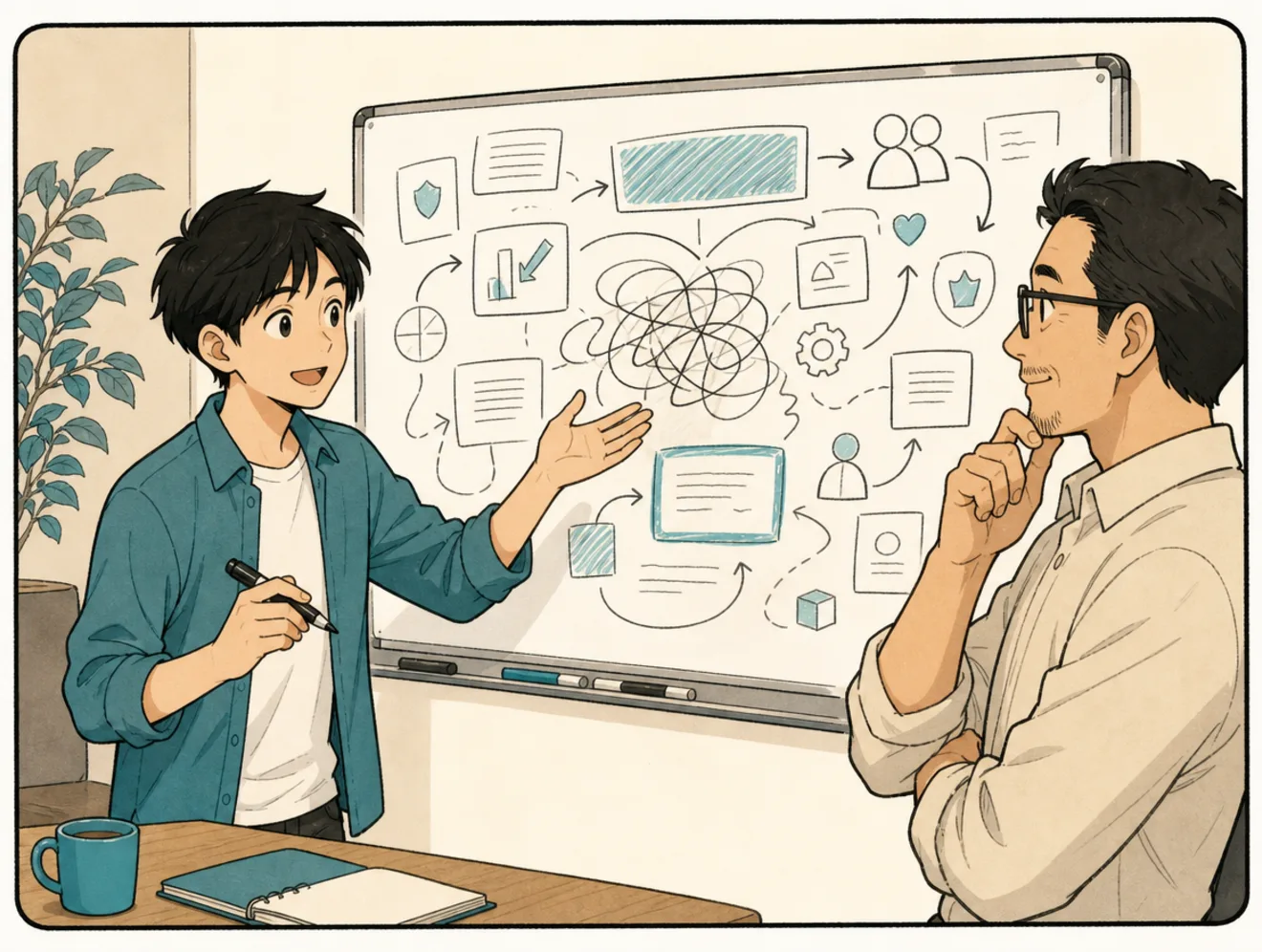Friendly comic scene of a marketer explaining messy business notes on a whiteboard to an owner.