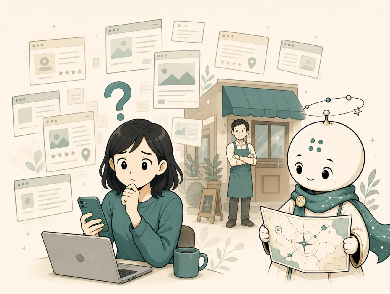 Comic panel showing a customer with a question looking across website cards while Horo studies a visibility map.