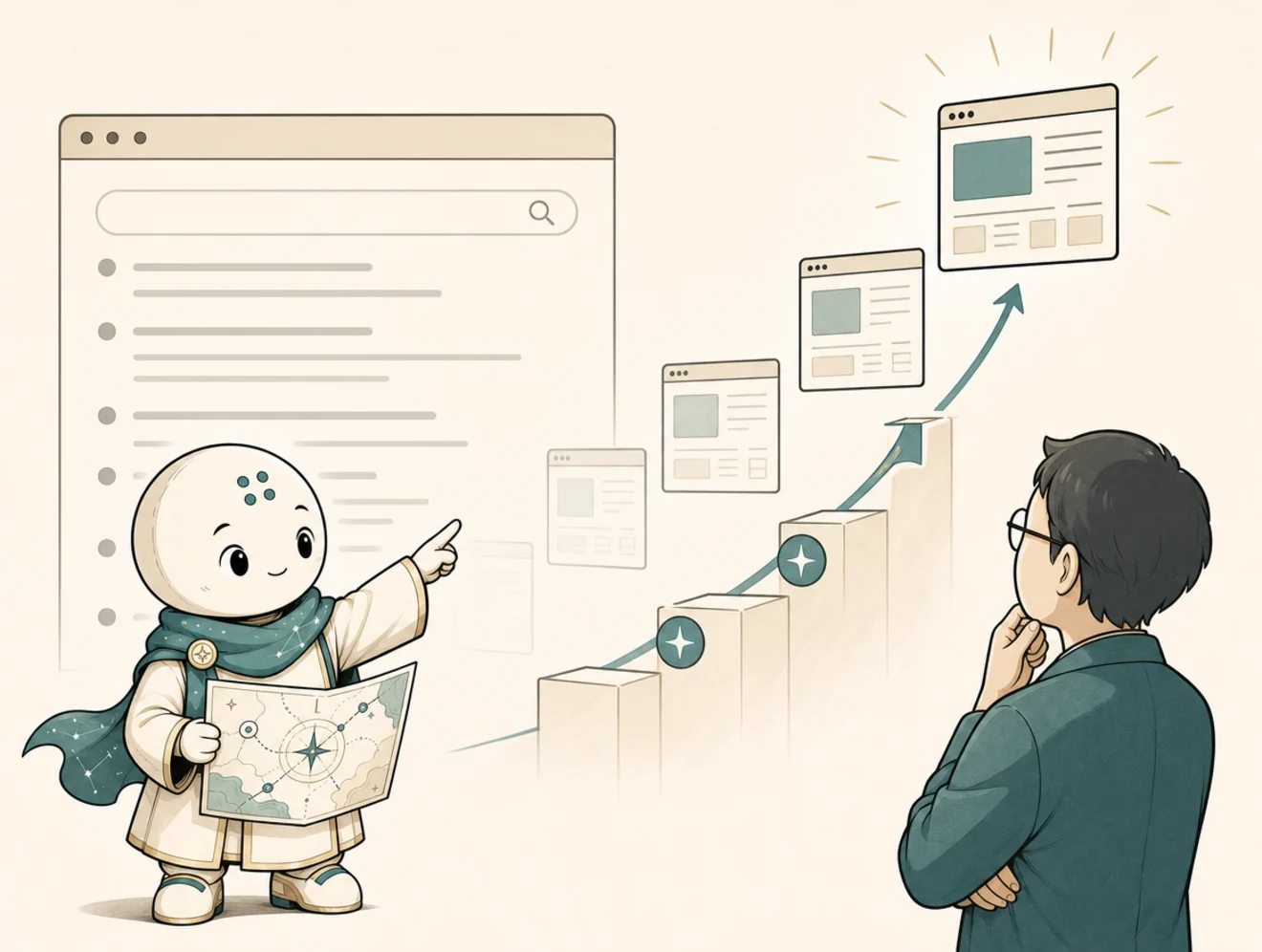 Comic panel showing Horo pointing to organized website pages and abstract Google Search cards.