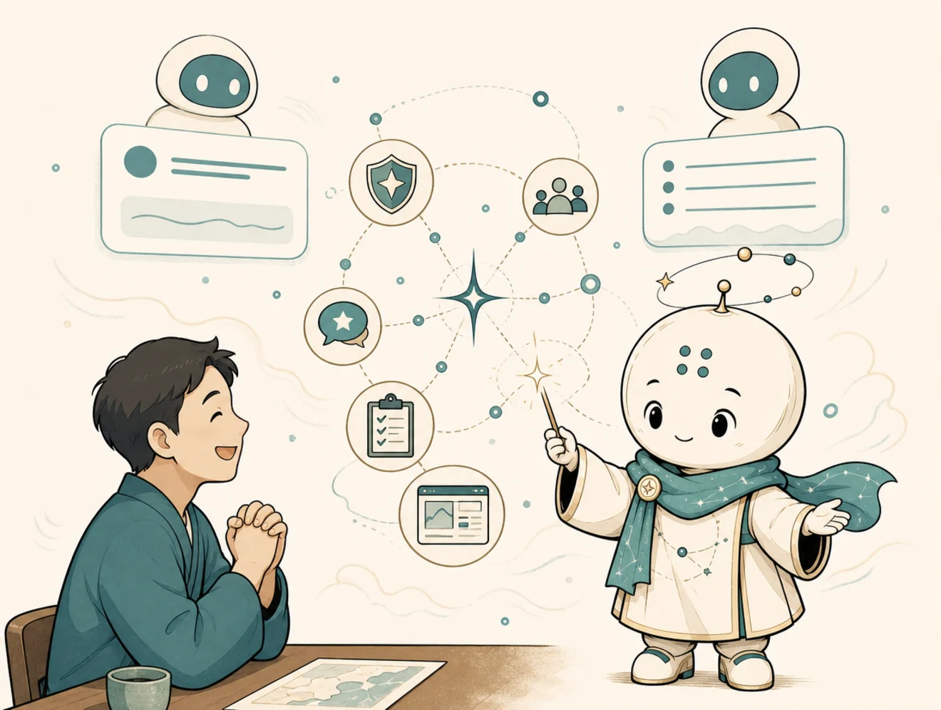 Comic panel showing Horo organizing business proof and website signals for abstract AI answer tools.