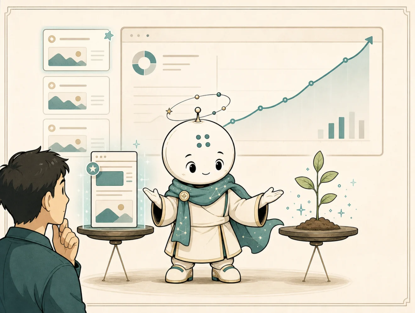 Comic panel showing Horo balancing paid ads, a dashboard, and organic growth represented by a plant.