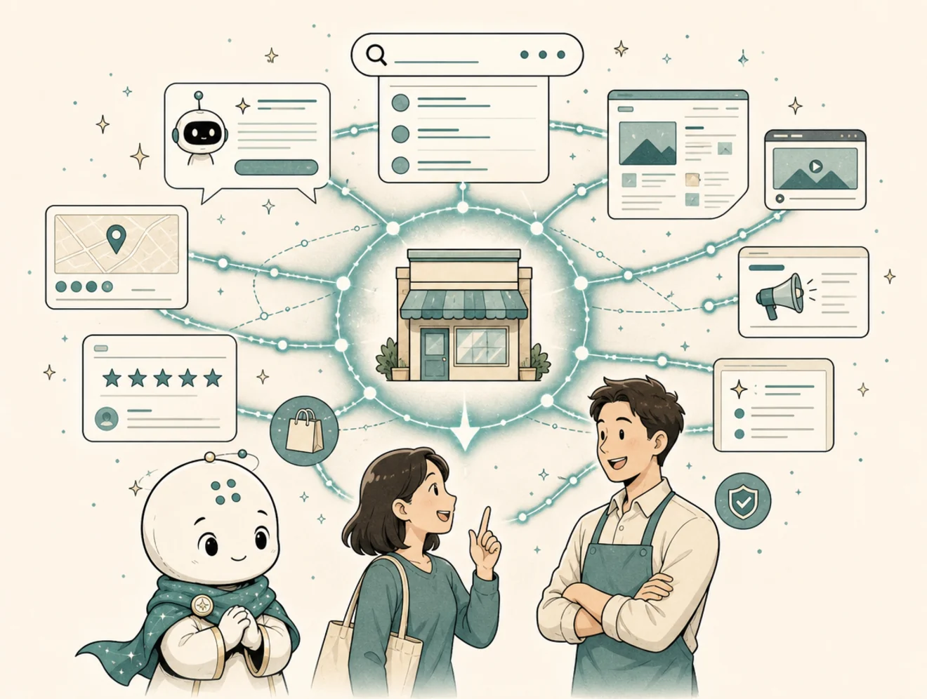 Comic panel showing Horo connecting search, AI answers, content, ads, trust proof, and customer journey into one teal constellation.